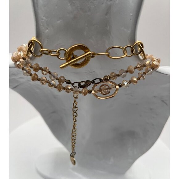 Gold & Crystal Beaded Multi-Layer Necklace With Large Hammered Rings  M07 - Picture 4 of 7